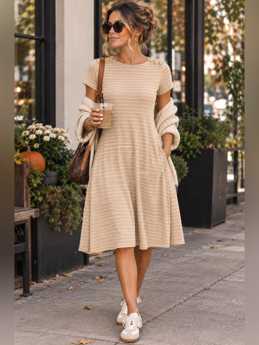 Ralph Lauren Black Label Tan Striped Midi Dress